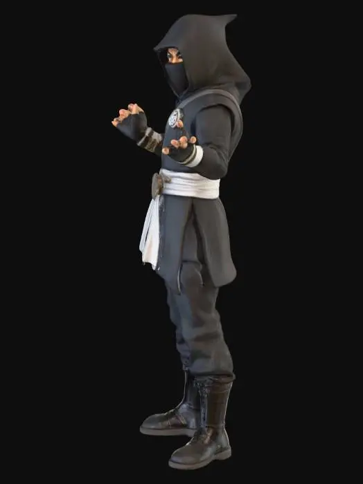 3D model for Faça um personagem que se pareça com um guerreiro, ele usa uma roupa parecida com as roupas de ninja. Ele tem uma espada na mão direita. Também veste um capuz. Na roupa dele tem detalhes que remetem ao tempo, pois um dos poderes desse personagem é voltar o tempo 