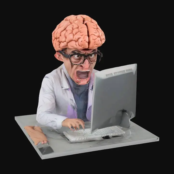 3D model for супер умный человек с огромным мозгом сидит сердится и кричит пялясь в компьютер