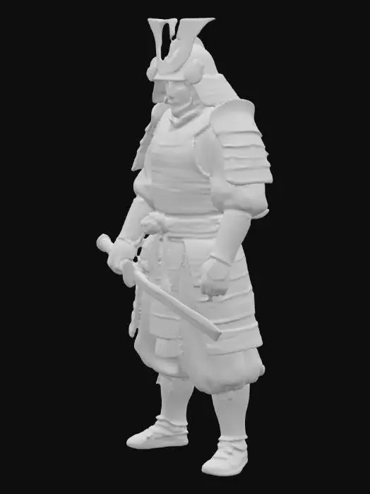 3D model for Ultra-realistic 3D model of a traditional Japanese samurai in a combat-ready stance. Wears ornate layered o-yoroi armour in black and gold with engraved dragons and waves, detailed shoulder and arm guards, and a kabuto helmet with a crescent crest. Holds a gleaming katana with visible hamon, slightly raised, blade reflecting light. Includes indigo and crimson under-garments, leather sword bindings, scabbard, and subtle battle scratches, dust, and fabric folds. Lighting adds soft highlights on metal, depth in armour layers; realistic human proportions, rig-ready.