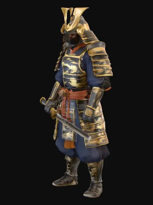 3D model for Ultra-realistic 3D model of a traditional Japanese samurai in a combat-ready stance. Wears ornate layered o-yoroi armour in black and gold with engraved dragons and waves, detailed shoulder and arm guards, and a kabuto helmet with a crescent crest. Holds a gleaming katana with visible hamon, slightly raised, blade reflecting light. Includes indigo and crimson under-garments, leather sword bindings, scabbard, and subtle battle scratches, dust, and fabric folds. Lighting adds soft highlights on metal, depth in armour layers; realistic human proportions, rig-ready.
