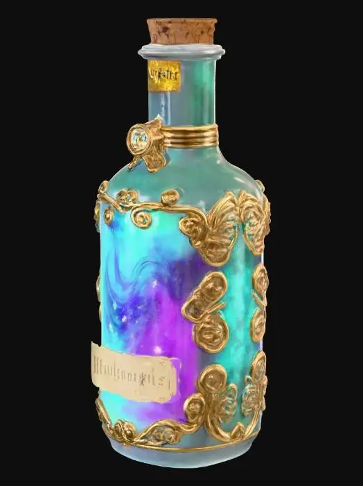 3D model for Ultra-realistic 3D model of a magical potion spell bottle inspired by the Harry Potter universe. Elegant, antique glass vial with intricate gold and silver filigree around the neck and base, sealed with a wax-stamped cork. Inside, a glowing swirling liquid shifts colors (emerald green to deep violet) with tiny sparkling particles floating and forming mysterious runes. The bottle emits a faint mist and occasional soft pulses of light as if enchanted. Labels are aged parchment with handwritten wizard symbols. Subtle animation: liquid gently sloshing, sparkles drifting, light pulsing in sync with magical hum. Cinematic lighting highlights glass reflections, metallic details, and magical aura; ideal for rigging or rendering.