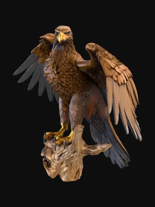 3D model for A magnificent eagle figurine in a proud stance on a gnarled wooden branch. Focus on intricate feather details and sharp talons. The model must be a single, solid mesh suitable for 3D printing