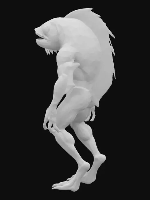 3D model for Un mountruo con cuerpo de pez, pero brazo y piernas humanas, diseñado en un estilo pulp