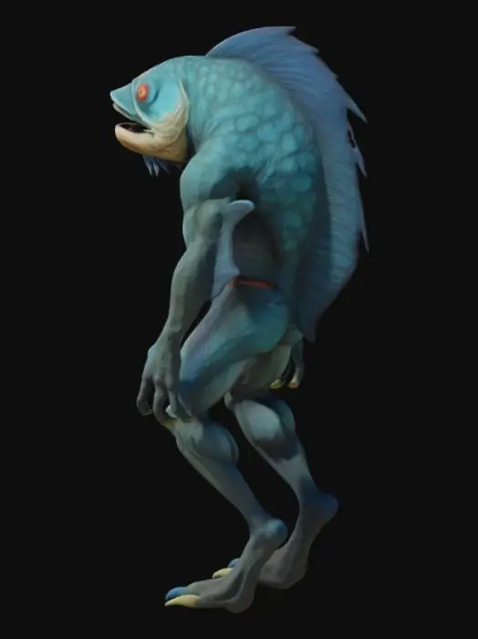 3D model for Un mountruo con cuerpo de pez, pero brazo y piernas humanas, diseñado en un estilo pulp
