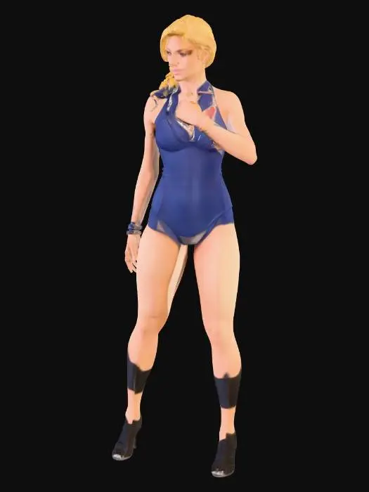 3D model for Uma mulher musculosa de pele clara com cabelos loiros ondulados, presos em um rabo de cavalo baixo. Ela está em uma pose de T, com os braços esticados e palmas das mãos abertas para a frente. Ela veste um maiô azul justo de uma peça, que realça seu físico robusto e curvilíneo, com ombros largos, seios fartos, cintura fina e quadris e coxas muito largos. Ela usa luvas pretas sem dedos nos punhos e tornozeleiras pretas. Os pés estão descalços e ligeiramente afastados. O fundo é branco sólido.