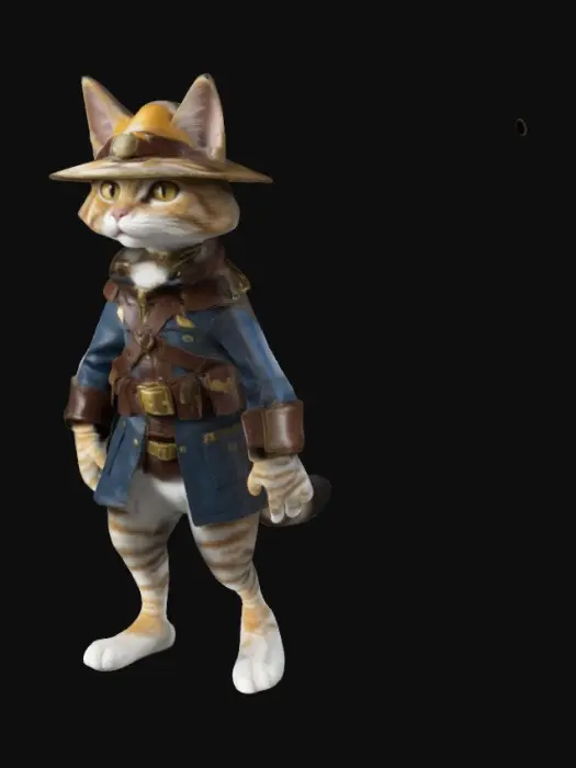 3D model for A humanoid cat dressed as an explorer, wearing a comical explorer-style outfit. The cat is standing upright, exuding confidence. It has a cool, wide-brimmed hat with a feather, a detailed explorer’s coat with gold-trimmed edges, and a leather belt with pouches. The feline has sharp eyes and a slight smirk