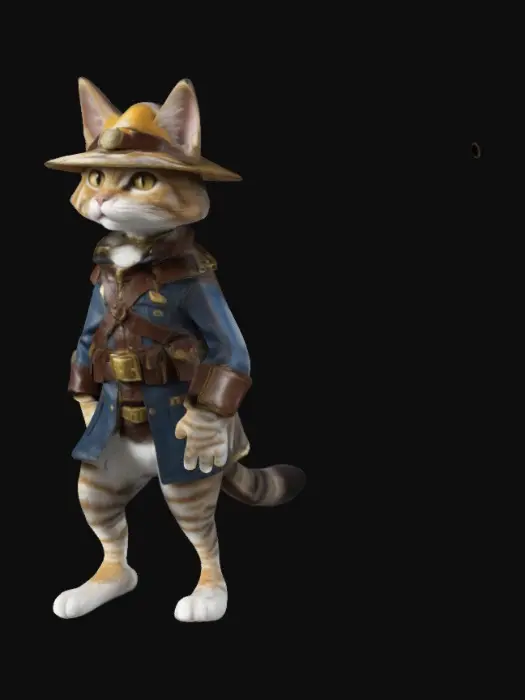 3D model for A humanoid cat dressed as an explorer, wearing a comical explorer-style outfit. The cat is standing upright, exuding confidence. It has a cool, wide-brimmed hat with a feather, a detailed explorer’s coat with gold-trimmed edges, and a leather belt with pouches. The feline has sharp eyes and a slight smirk