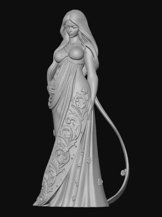 3D model for Hyper-realistic full-body wooden carved statue of a serene maiden standing. Her long hair cascades in sweeping Art Nouveau curves with deep undercuts and visible chisel refinement. She wears a classical flowing gown with carved embroidered hem and subtle floral tracery.