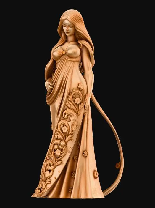 3D model for Hyper-realistic full-body wooden carved statue of a serene maiden standing. Her long hair cascades in sweeping Art Nouveau curves with deep undercuts and visible chisel refinement. She wears a classical flowing gown with carved embroidered hem and subtle floral tracery.