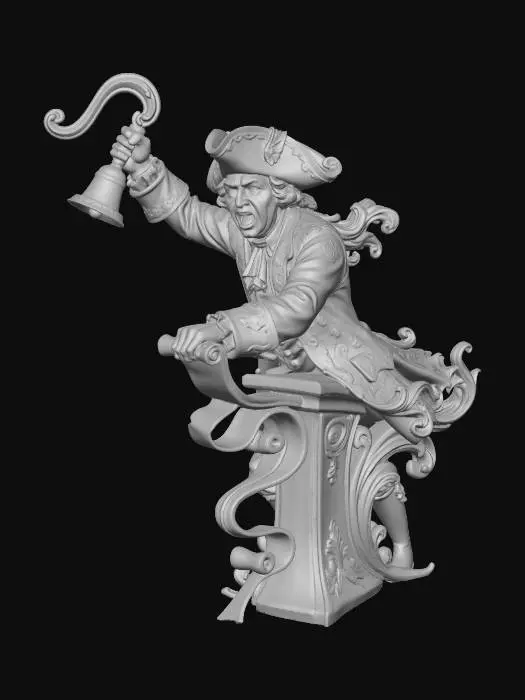 3D model for Hyper-realistic wooden carved Rococo–Art Nouveau statue of a town crier shouting while holding a scroll and ringing a bell.
The raised arm and bell form a dramatic upward S-curve.
The scroll unfurls into elongated ornamental ribbons merging into the pillar.
Clothing edges dissolve into structured rocaille scrollwork. Material: polished hardwood.
Polychrome:deep colouful rich tones