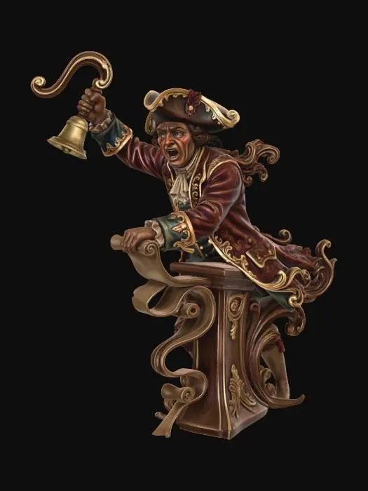 3D model for Hyper-realistic wooden carved Rococo–Art Nouveau statue of a town crier shouting while holding a scroll and ringing a bell.
The raised arm and bell form a dramatic upward S-curve.
The scroll unfurls into elongated ornamental ribbons merging into the pillar.
Clothing edges dissolve into structured rocaille scrollwork. Material: polished hardwood.
Polychrome:deep colouful rich tones