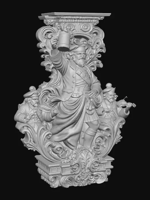 3D model for Hyper-realistic wooden carved Rococo–Art Nouveau sculptural composition of a jovial highlander figure raising a mug, accompanied by two small violinists at his sides.
The central figure forms a dominant S-curve that anchors the structure into a monumental console-pillar. Kilt folds expand into layered rocaille scrollwork and tartan-inspired carved patterns.
Foam from the mug morphs into swirling ornamental volutes. The two musicians integrate into symmetrical side-scrolls, their instruments dissolving into decorative filigree. Material: polished hardwood. Polychrome:deep colouful rich tones