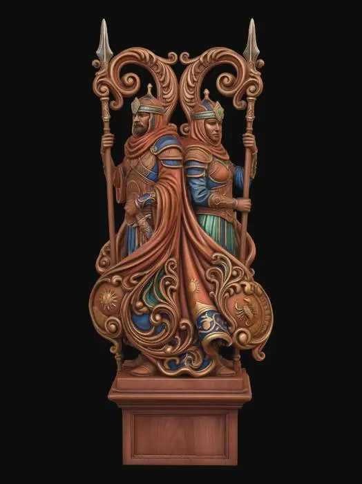 3D model for Hyper-realistic wooden carved Rococo–Art Nouveau statue of desert guards in layered armor and cloth garments, standing in calm authority.
Spears and weapons curl into structural volutes.
Fabric folds dissolve into flowing S-curves and decorative filigree.
Symbols integrate into ornamental cartouches.
Material:polished hardwood.Polychrome:deep colourful rich tones