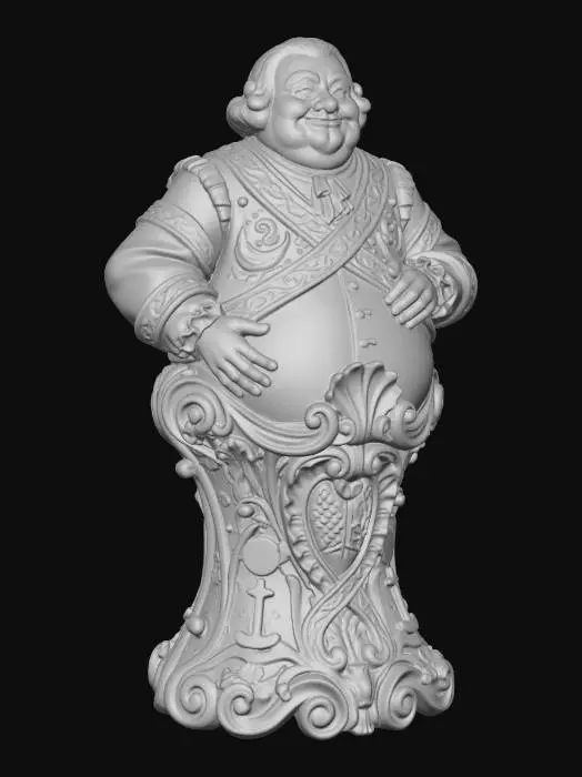 3D model for Hyper-realistic wooden carved Rococo–Art Nouveau statue of a cheerful, rotund merchant with soft exaggerated proportions, hands resting on belly.
Body mass transitions into a swelling central rocaille structure forming the pillar. Garments expand outward into curved layered scrollwork and decorative ribbons. Commercial symbols abstract into cartouches and volutes.
Material:polished hardwood.Polychrome:deep colourful rich tones
