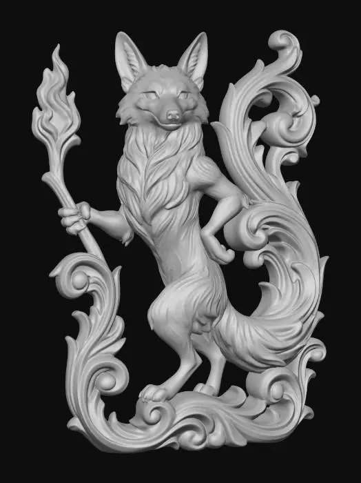 3D model for Hyper-realistic wooden carved Rococo–Art Nouveau statue of a cunning anthropomorphic desert trickster animal holding explosive stick and flame, posed in mischievous contrapposto.
Tail elongates into sweeping rocaille scrollwork forming the pillar.
Fur transitions into carved flowing filigree textures.
Props morph into decorative cartouches and volutes.
Material: fine hardwood with detailed fur carving.
Polychrome: warm browns, ochres, subtle highlights.