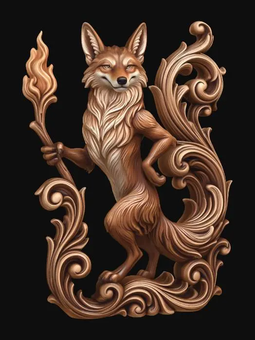 3D model for Hyper-realistic wooden carved Rococo–Art Nouveau statue of a cunning anthropomorphic desert trickster animal holding explosive stick and flame, posed in mischievous contrapposto.
Tail elongates into sweeping rocaille scrollwork forming the pillar.
Fur transitions into carved flowing filigree textures.
Props morph into decorative cartouches and volutes.
Material: fine hardwood with detailed fur carving.
Polychrome: warm browns, ochres, subtle highlights.