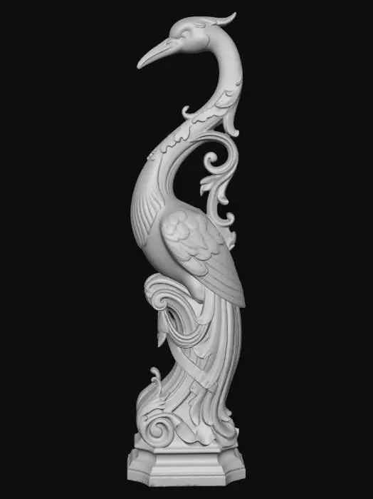 3D model for Hyper-realistic wooden carved Rococo–Art Nouveau statue of a tall slender stylized bird with elongated legs and expressive pose.
Neck curves into a dramatic S-shaped structural column. Feathers fan outward into layered rocaille scrollwork and decorative ribbons. Body integrates seamlessly into console-pillar base.
Material: polished hardwood with fine feather detailing. Polychrome: vibrant blues, soft teals, warm beak tones.