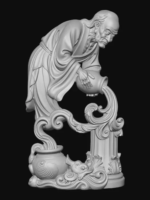 3D model for Hyper-realistic wooden carved Rococo–Art Nouveau statue of a hunched elderly figure pouring liquid from a vessel into a pot, exaggerated facial features.
Liquid stream transforms into flowing ribbon-like scrollwork merging into the pillar. Pot and vessel evolve into rounded rocaille forms and ornamental shells. Body posture creates a dynamic asymmetrical S-curve.
Material:polished hardwood.Polychrome:deep colourful rich tones