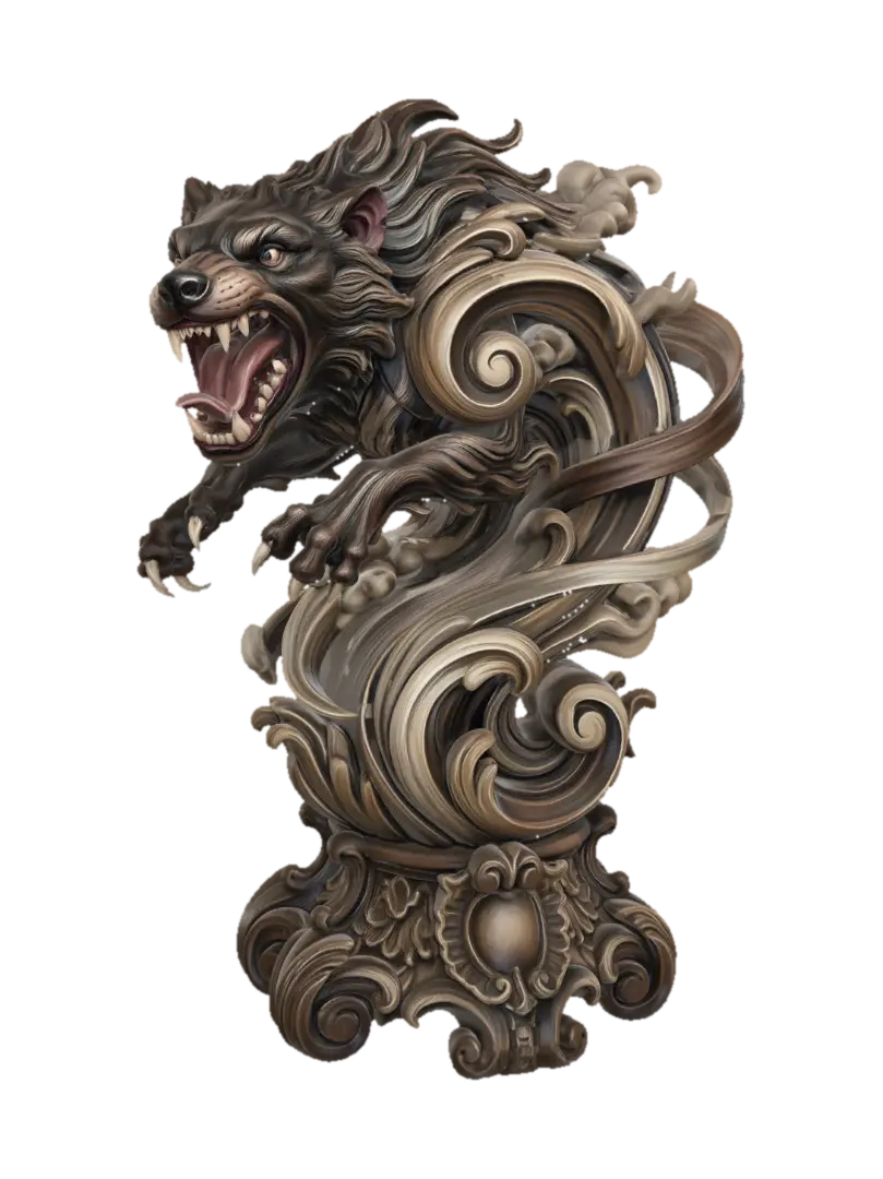 Model 3D Hyper-realistic wooden carved Rococo–Art Nouveau caricatural bust of a feral… - Artnouveau, dijana oleh AI