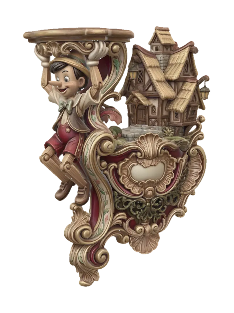 Model 3D Hyper-realistic wooden carved Rococo–Art Nouveau caricatural statue of a mischievous… - Artnouveau, dijana oleh AI