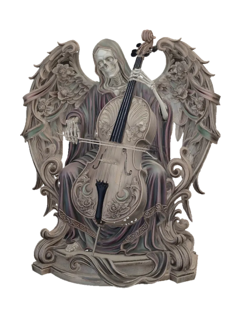 Model 3D Hyper-realistic wooden carved Rococo–Art Nouveau terrifying undead skeletal angel… - Artnouveau, dijana oleh AI