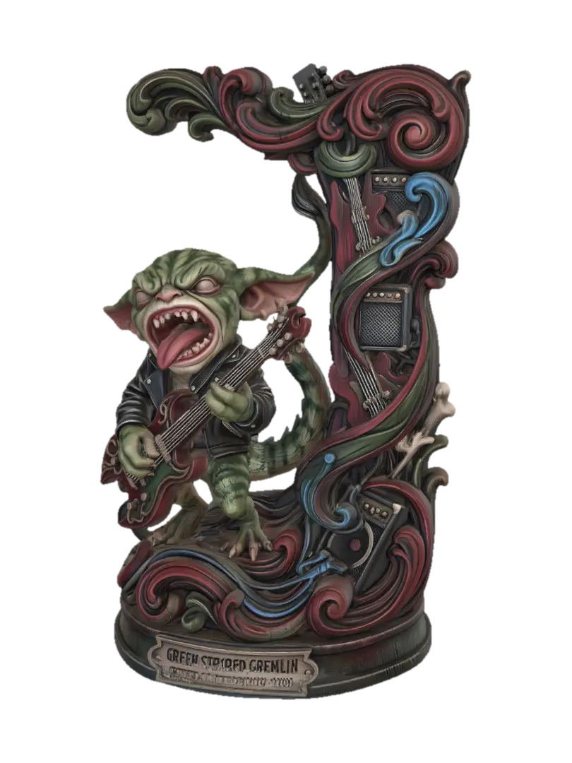 Hyper-realistic wooden carved Rococo–Art Nouveau caricatural chibi statue of a… - Rockstar 3D model, vytvořený pomocí AI