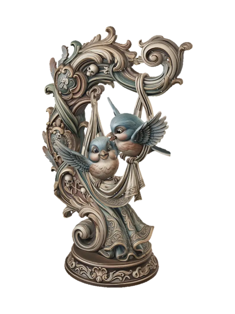 Modello 3D Hyper-realistic wooden carved Rococo–Art Nouveau caricatural chibi statue… - Polychrome, generato dall’IA