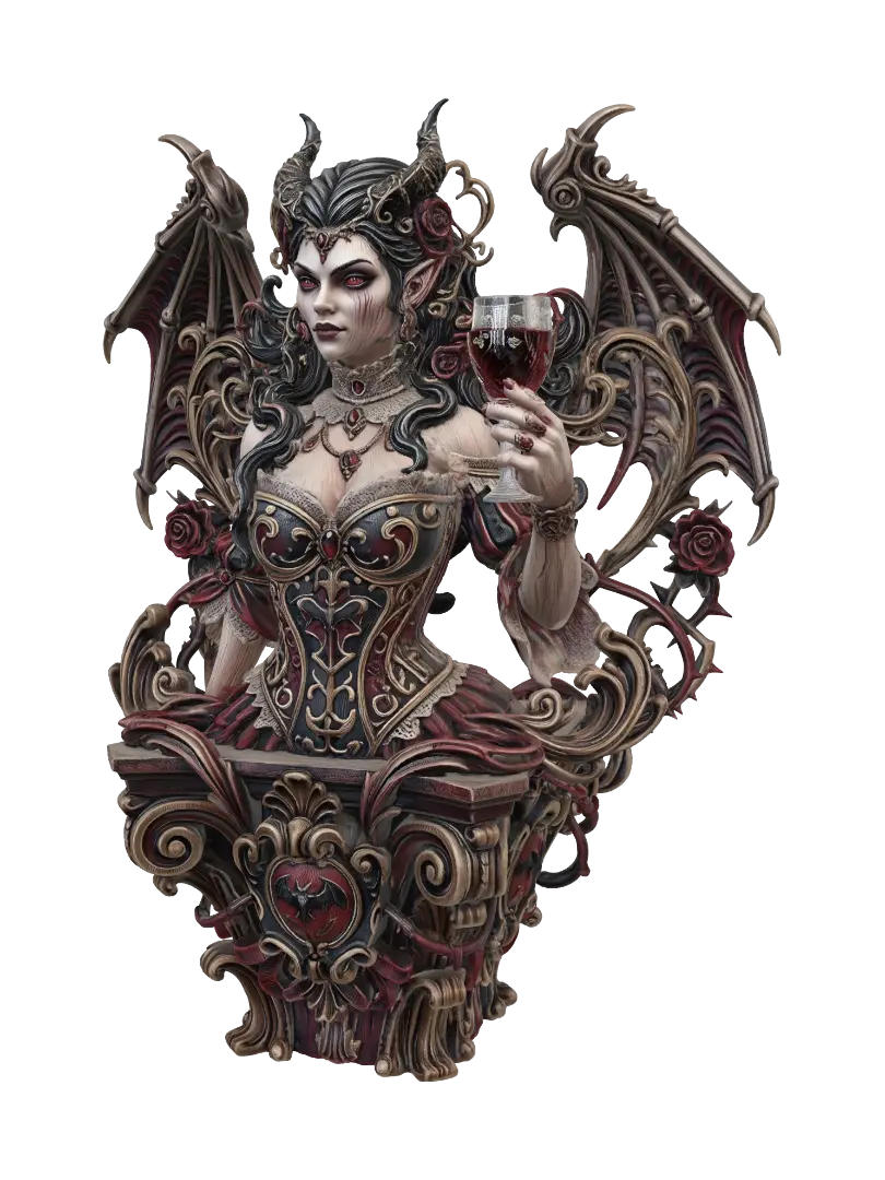 Hyper-realistic wooden carved Rococo–Art Nouveau undead succubus noblewoman… 3D model, vytvořený pomocí AI
