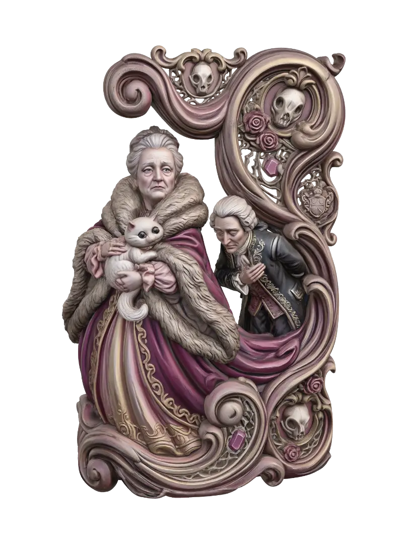 Hyper-realistic wooden carved Rococo–Art Nouveau caricatural chibi statue of an… - Noblewoman 3D model, vytvořený pomocí AI