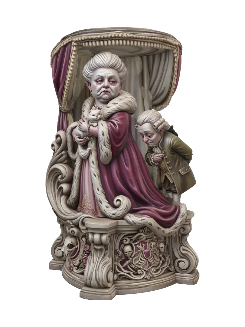 Hyper-realistic wooden carved Rococo–Art Nouveau caricatural chibi statue of an… - Noblewoman 3D model, vytvořený pomocí AI