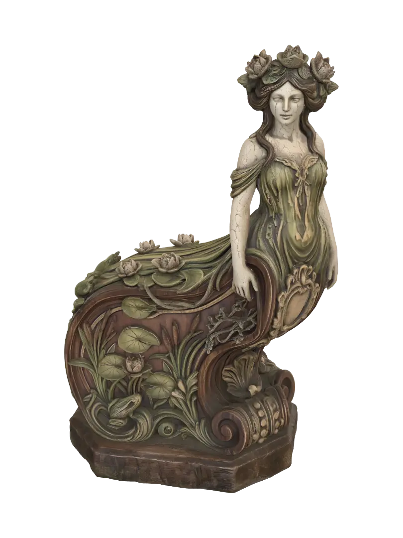 Modelo 3D de A hyper-realistic wooden carved Rococo–Art Nouveau caricatural undead swamp queen… - Scrollwork, gerado por IA