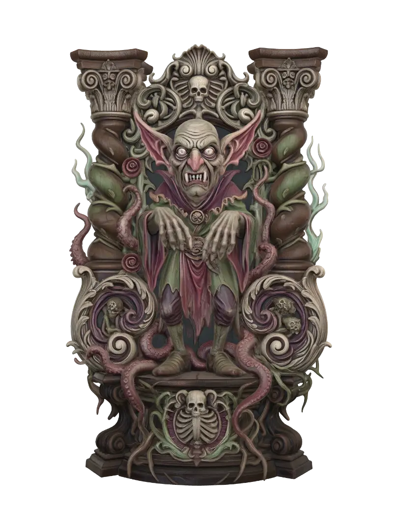Hyper-realistic wooden carved Rococo–Art Nouveau caricatural undead goblin… - Vertebrae 3D model, vytvořený pomocí AI