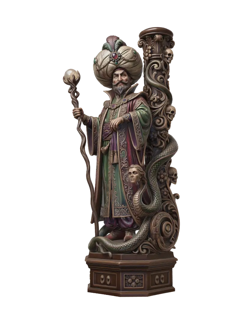 Modelo 3D de A hyper-realistic wooden carved Rococo–Art Nouveau caricatural statue of a majestic… - Turban, gerado por IA