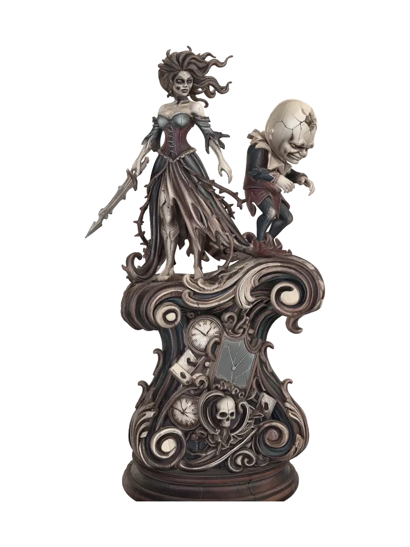 Modelo 3D de Hyper-realistic wooden carved Rococo-Art Nouveau caricatural undead statue of a… - Scrollwork, gerado por IA