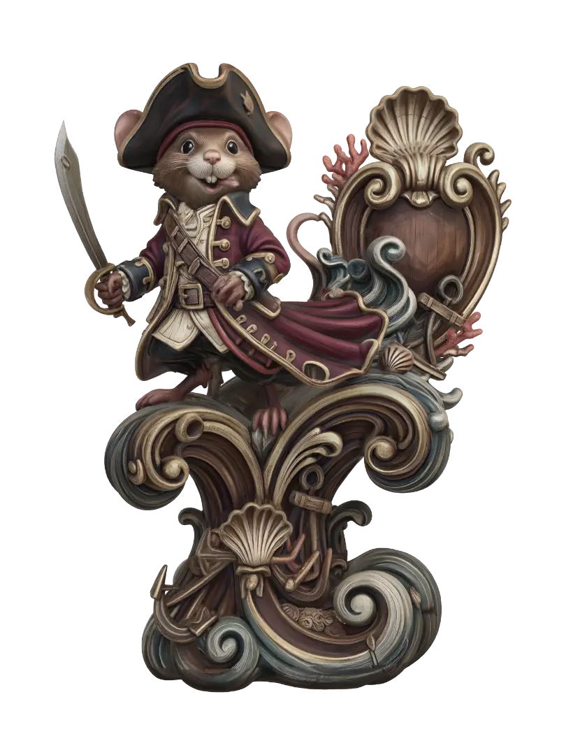 Transform a cheerful pirate mouse captain into a hyper-realistic wooden carved… - Roccoco 3D model, vytvořený pomocí AI