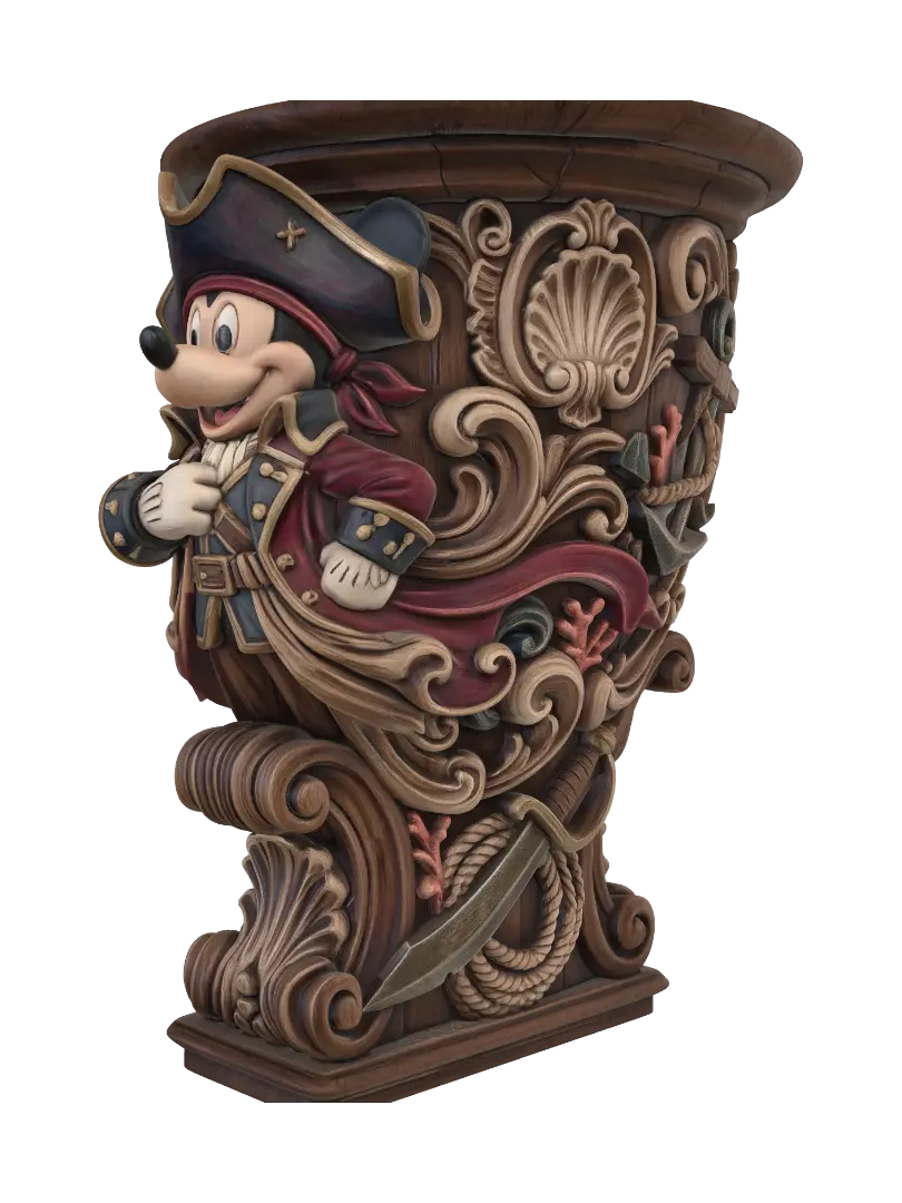 Transform a cheerful pirate mouse captain into a hyper-realistic wooden carved… - Roccoco 3D model, vytvořený pomocí AI