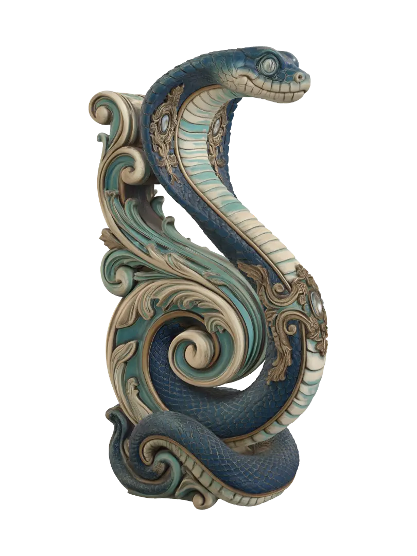 Transform a smiling anthropomorphic blue cobra with exaggerated expressive eyes… - Roccoco 3D model, vytvořený pomocí AI