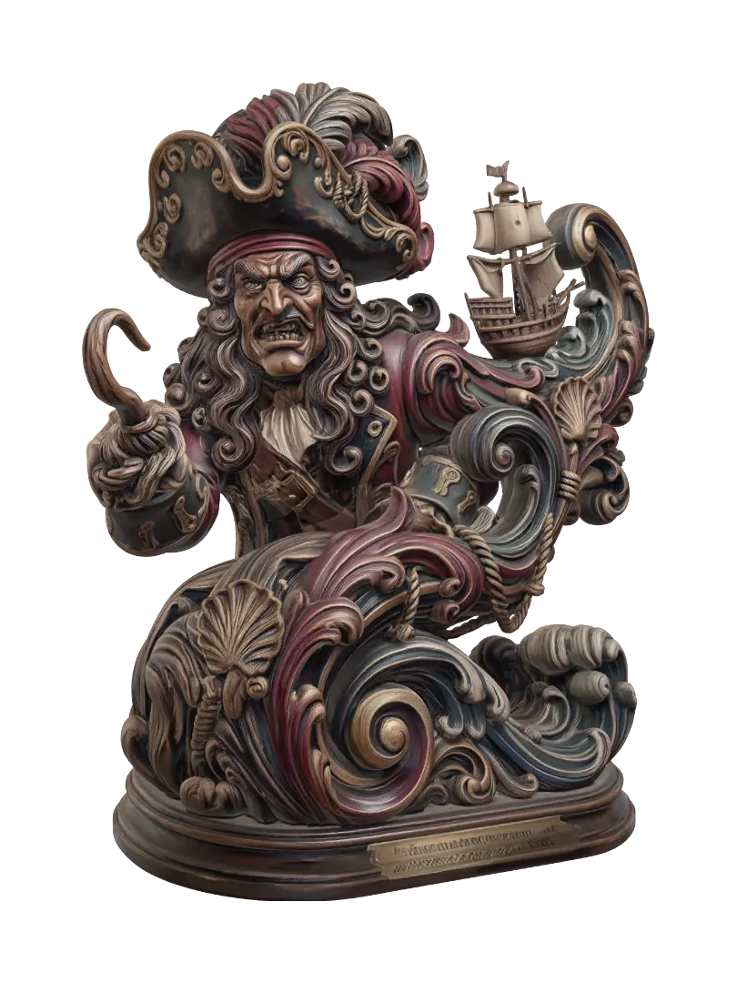 Transform a menacing pirate captain with extravagant hat, hooked hand, flowing curls and… - Rococo-3D-Modell, KI-generiert
