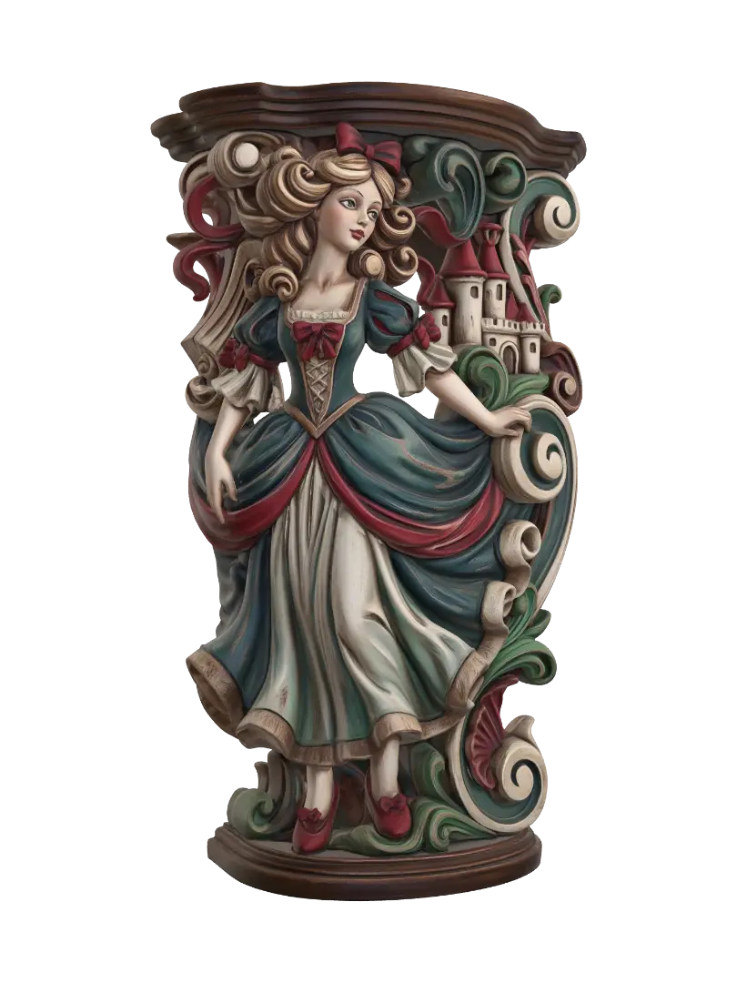 Transform a charming fairytale maiden with curled hair, ribbon, elegant dress and ruby… - Rococo-3D-Modell, KI-generiert