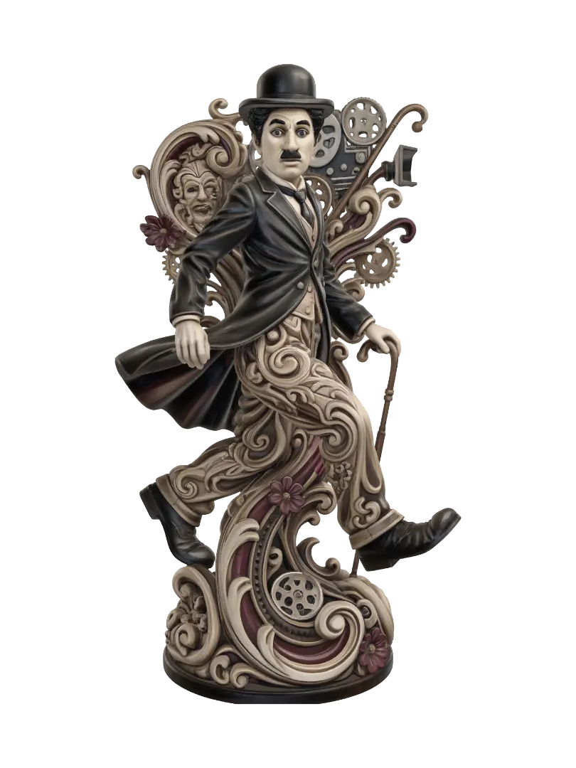 Transform a whimsical silent-era tramp with bowler hat, toothbrush mustache, cane… - Roccoco 3D model, vytvořený pomocí AI