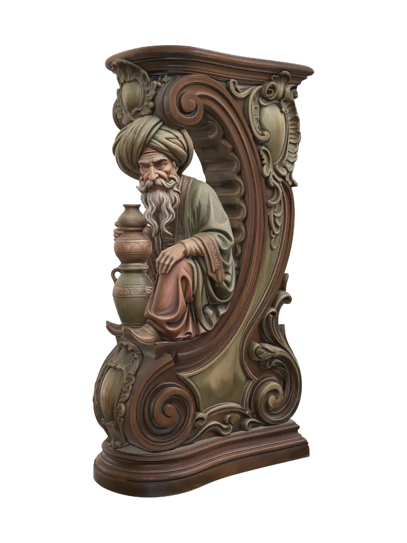 Modelo 3D de Transform a comical elderly pottery merchant with oversized turban,… - Roccoartnouveau, gerado por IA
