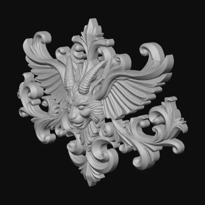 3D model for A wooden carved wall-mounted Baroque ornament depicting a anime heroic trio: a winged-hood engineer, a cat-themed warrior, and a horned battle mage, all standing together within swirling Baroque carvings and floral flourishes. Polychromatic painted with cracks of old age, muted reds, deep greens, and aged gold. Created Using: hand-carved oak relief, layered oil glazing, natural crackle varnish, gilded edges, cathedral ornamentation, glibatree prompt, rococo curls, sculptural depth, museum spotlighting --ar 3:4