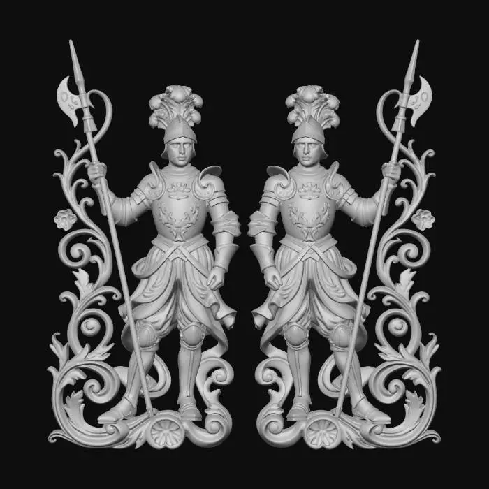 3D model for Hyper-realistic wooden carved Rococo–Art Nouveau statue of two disciplined guards holding halberds, posed in mirrored symmetry.
Halberds transform into long elegant S-curved structural elements. Uniform folds become flowing ornamental ribbons and rocaille shells. Military insignia abstract into decorative cartouches.
Material:polished hardwood.Polychrome:deep colourful rich tones