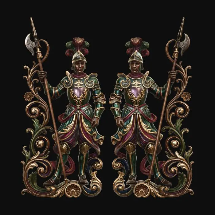 3D model for Hyper-realistic wooden carved Rococo–Art Nouveau statue of two disciplined guards holding halberds, posed in mirrored symmetry.
Halberds transform into long elegant S-curved structural elements. Uniform folds become flowing ornamental ribbons and rocaille shells. Military insignia abstract into decorative cartouches.
Material:polished hardwood.Polychrome:deep colourful rich tones