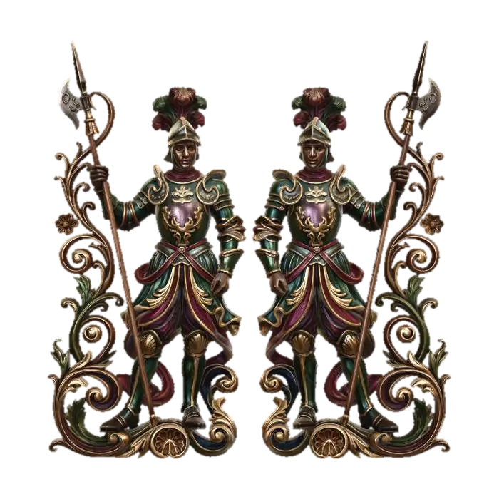 Hyper-realistic wooden carved Rococo–Art Nouveau statue of two disciplined guards… - Roccoco 3D model, vytvořený pomocí AI