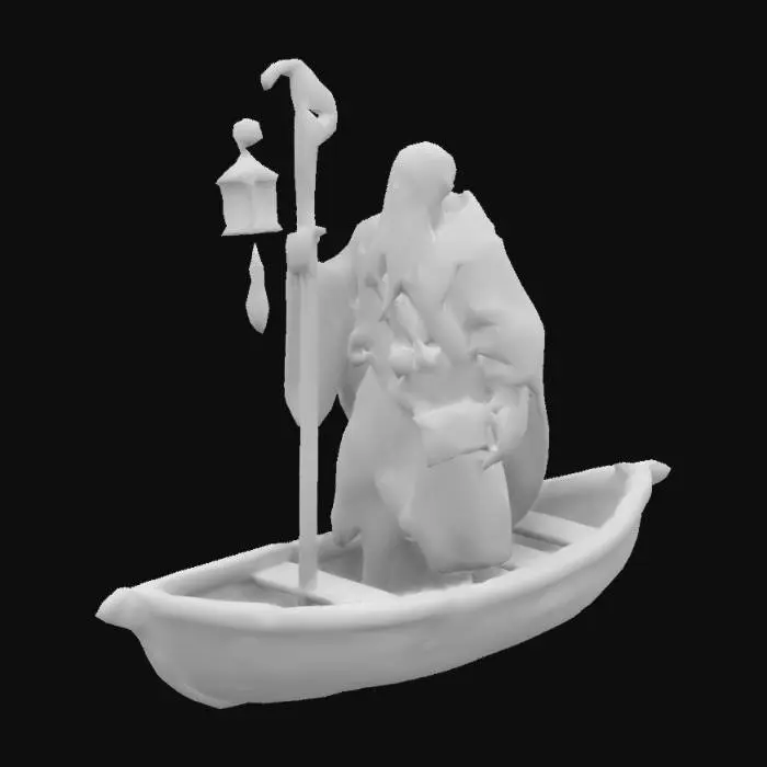 3D model for creer un viel homme style mendiant debout dans une barque il porte une aube , et tien dans sa main une perche pour faire avancer la barque.  accroché a la barque devant une lanterne et des cranes humains 