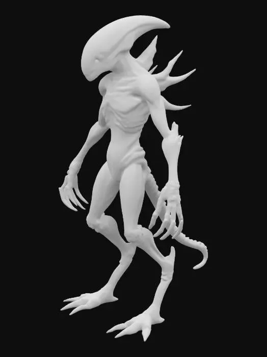 3D model for Criatura bípede, majestosa, imponente, silhueta esguia, olhos intensos, armadura orgânica, detalhes bio-luminescentes, garras afiadas, postura predatória, estética alienígena, beleza letal, presença dominante, traços esculpidos, simetria harmoniosa, energia sombria.