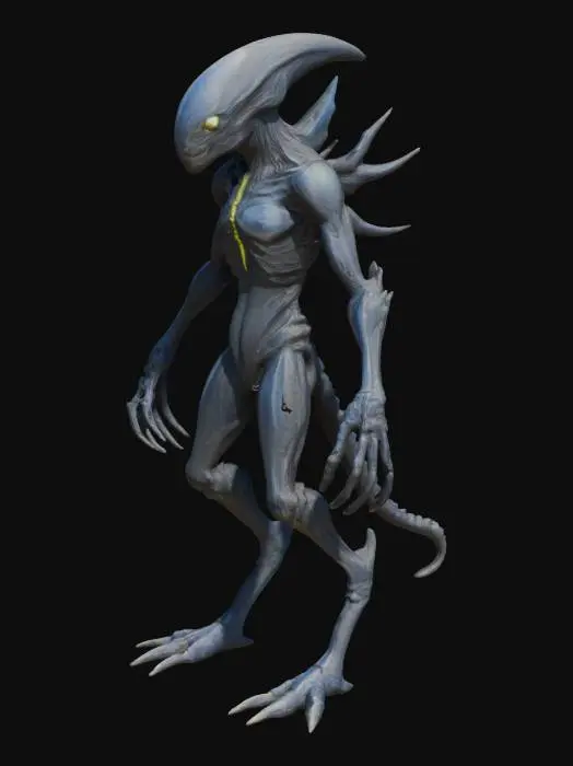 3D model for Criatura bípede, majestosa, imponente, silhueta esguia, olhos intensos, armadura orgânica, detalhes bio-luminescentes, garras afiadas, postura predatória, estética alienígena, beleza letal, presença dominante, traços esculpidos, simetria harmoniosa, energia sombria.