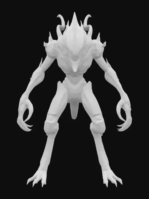 3D model for Criatura bípede, majestosa, imponente, silhueta esguia, olhos intensos, armadura orgânica, detalhes bio-luminescentes, garras afiadas, postura predatória, estética alienígena, beleza letal, presença dominante, traços esculpidos, simetria harmoniosa, energia sombria.