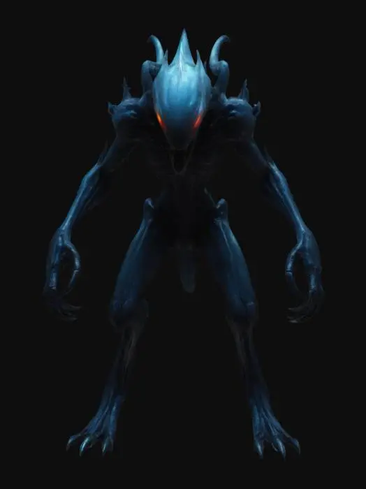 3D model for Criatura bípede, majestosa, imponente, silhueta esguia, olhos intensos, armadura orgânica, detalhes bio-luminescentes, garras afiadas, postura predatória, estética alienígena, beleza letal, presença dominante, traços esculpidos, simetria harmoniosa, energia sombria.